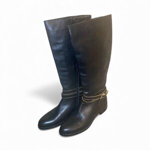 NWOB Heyraud Knee High Black Leather Boots With Gold Hardware - Size 40